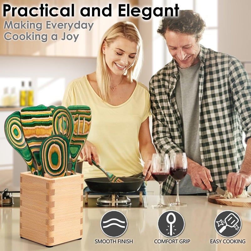 HOWHONG Wooden Spoons for Cooking, Pakkawood Kitchen Utensil Set Oasis Color, Premium Durable Wooden Utensils for Nonstick Cookware, Heat Resistant, Smooth Finish, Comfortable Grip, 7 Piece - Image 5